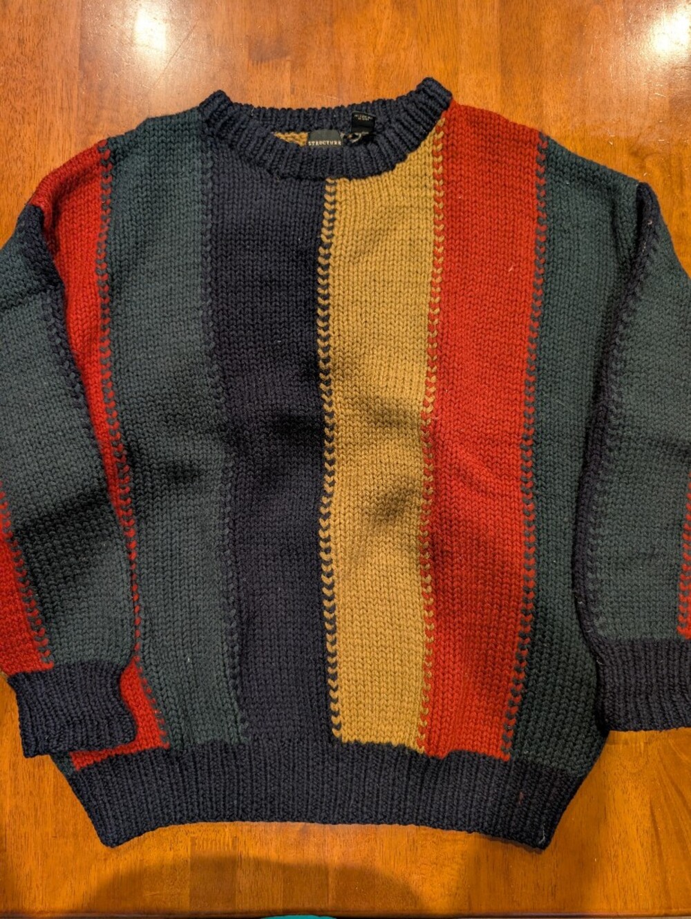 Structure Men's Large Multicolor Striped Sweater Vintage 100% Wool Crew Neck XL